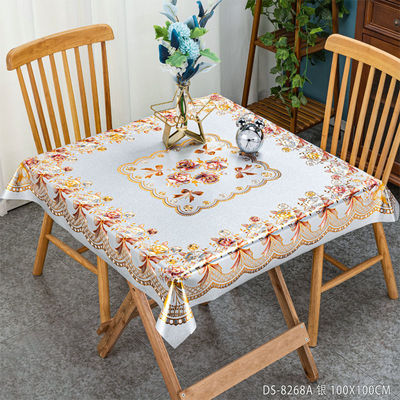 Customized PVC Round Plaid Tablecloth for 10 People White and Green Floral Pattern